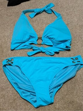 Bright Turquoise Halter Bikini Set with Ring Detail - Women Swim